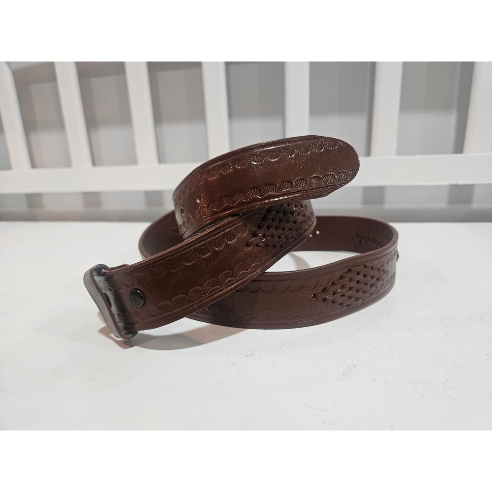 Men's Handmade Brown Embossed & Woven Leather Belt, Size 44, Made in Mexico